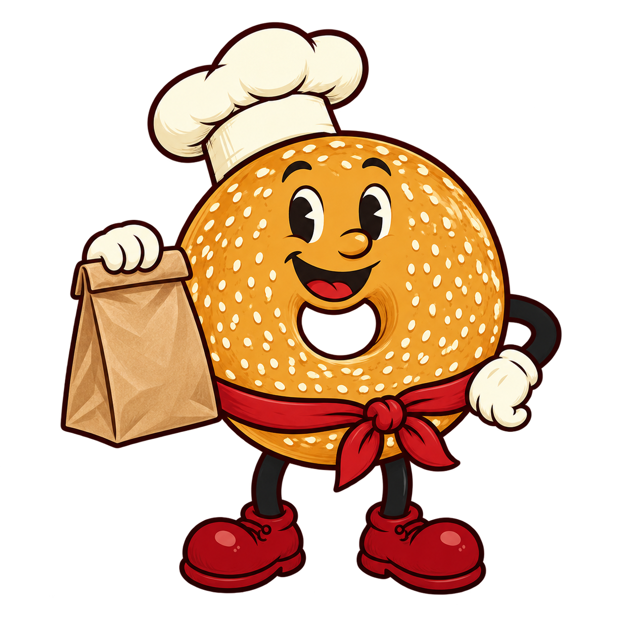 Nonna’s smiling bagel mascot holding a brown paper lunch bag, ready for school-morning pickup.